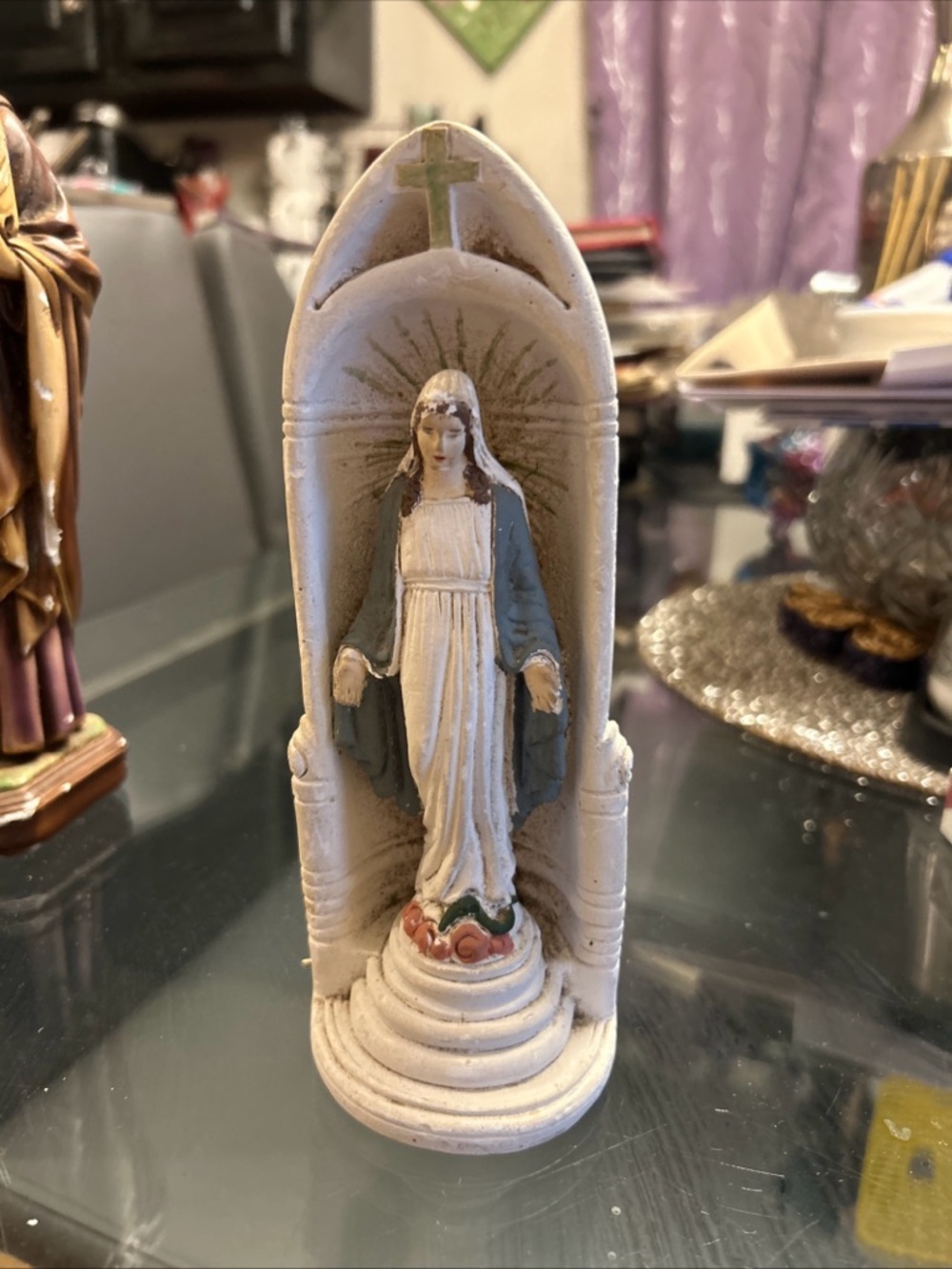 Religious Virgin Mary Statue Figurine in White and Blue